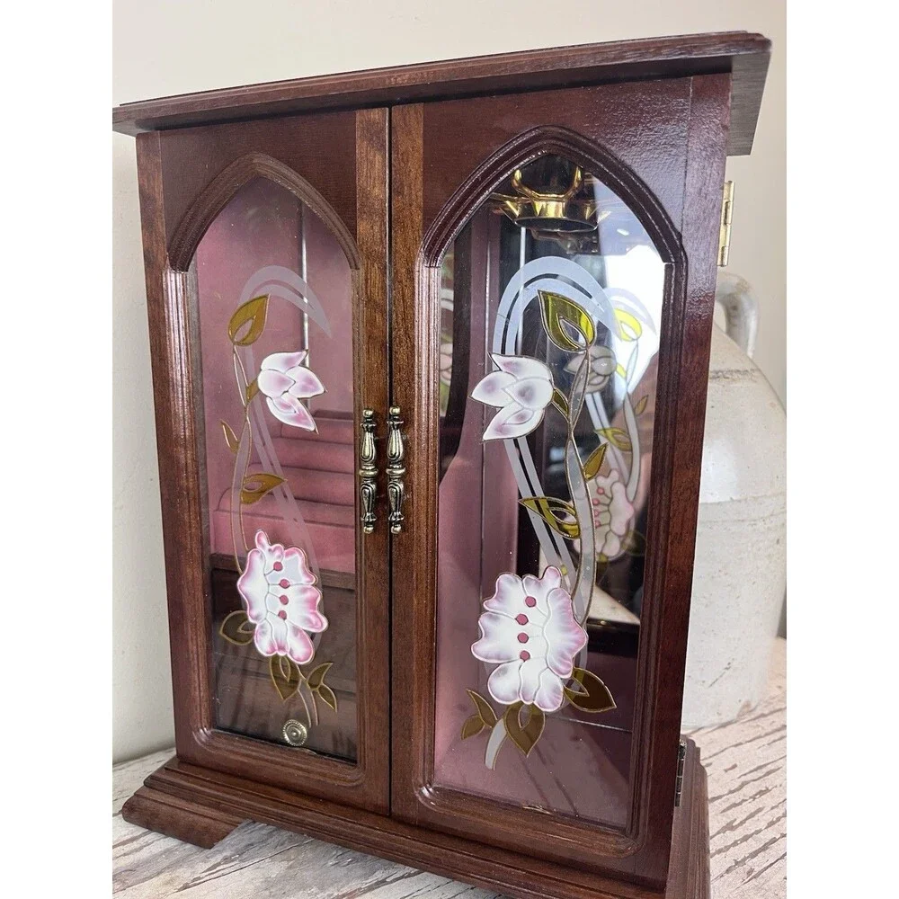 Vintage Wooden Jewelry Armoire Box Cabinet w/ Glass Floral Doors & Drawers